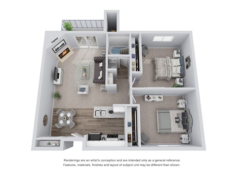 2 bed 1 bath 3D Floor Plan  A